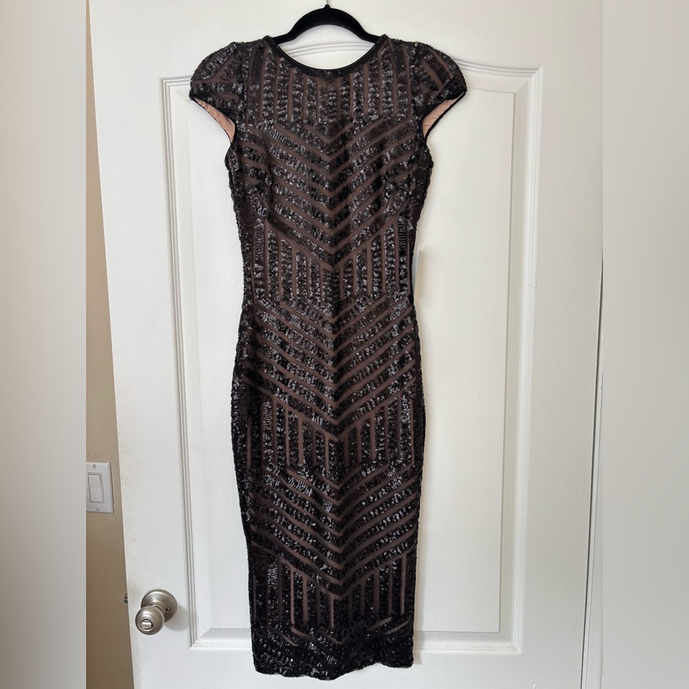 Women's Sequin Cocktail Dress, Black Geometric Pattern, Short Sleeve